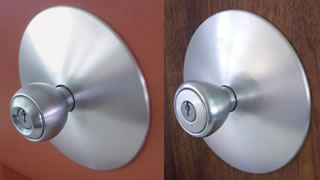 (L-R): Globe knob with Eichler plate, Cone with Eichler plate, Bell with Schlage-Fairhill plate, Orbit with Fairhill plate. 